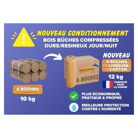 LOT DE 10 CARTONS BUCHES COMPRESSEES DUR/RESINEUX PACK DE 6 BUCHES + 1 CARTON OFFERT